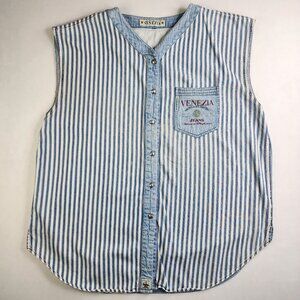 Venezia XL Blue Denim Striped Button Down Long Sleeveless Tunic Shirt Casual